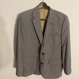 Orvis Gingham Check Blue Beige Blazer Jacket Sport Coat Mens 42R Cotton - Poly